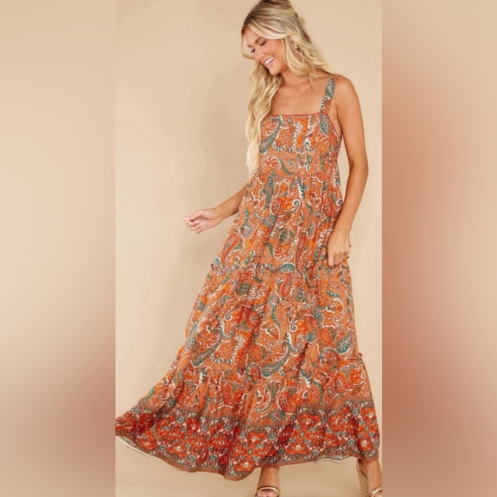 Land‎ of the Free Paisley Print Boho Maxi Dress Orange Blue XS